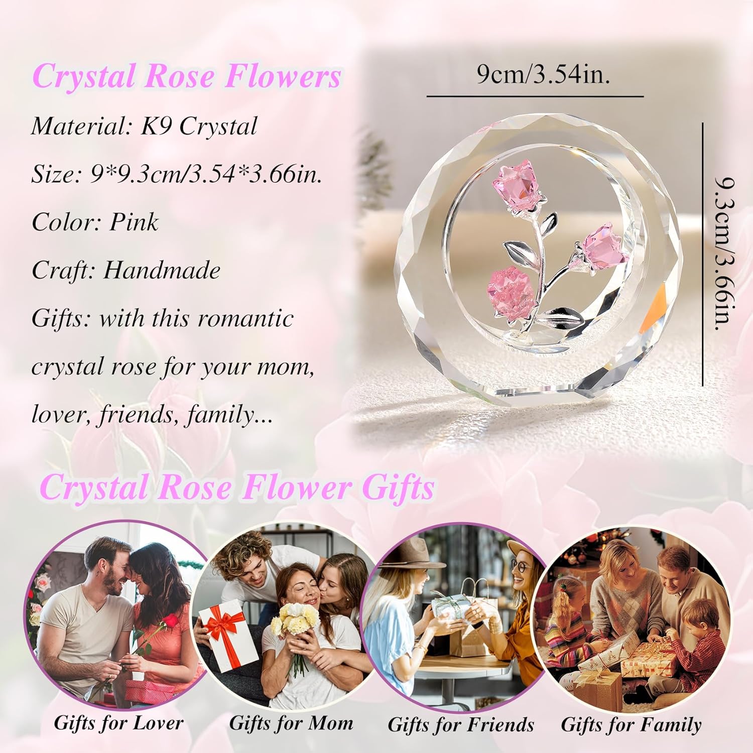 Crystal Pink Roses Bouquet Figurines, Glass Rose Flowers Romantic Gifts for Her Women - Crystal Forever Rose Flower Decor for Valentines Mothers Day Anniversary - Image 2