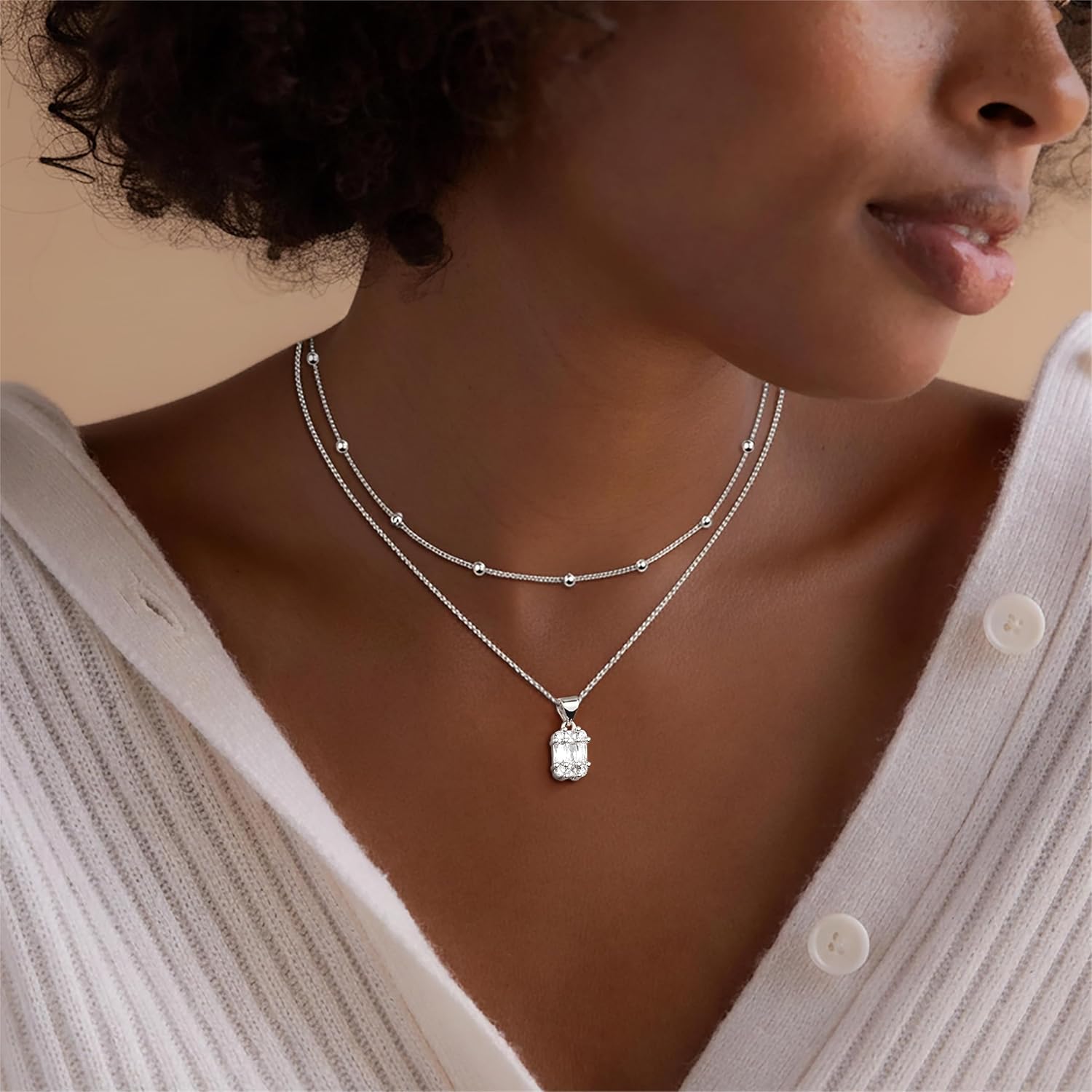 Silver Diamond Necklaces for Women Set, Layered Dainty 14K Gold Silver Plated Choker Chain Simple Pendent Diamond Necklace Stackable, Trendy Prom CZ Jewelry Gifts for Women - Image 4