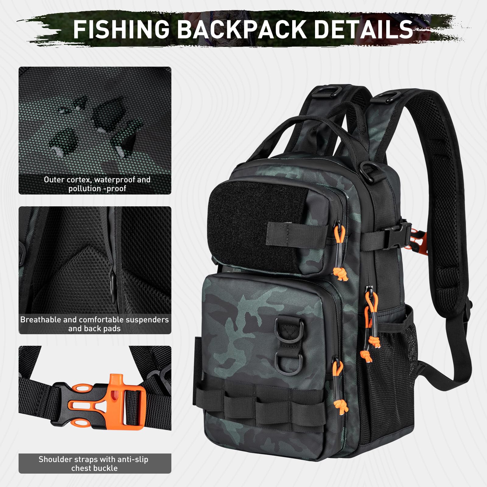 THKFISH Angelrucksack mit Rutenhalter, Angelwerkzeug-Set, wasserdichte Tasche mit Angelköder-Set, Angelausrüstungsbox und Zangen-Set für Männer und Frauen (Schwarz, Camouflage-87-teilig)