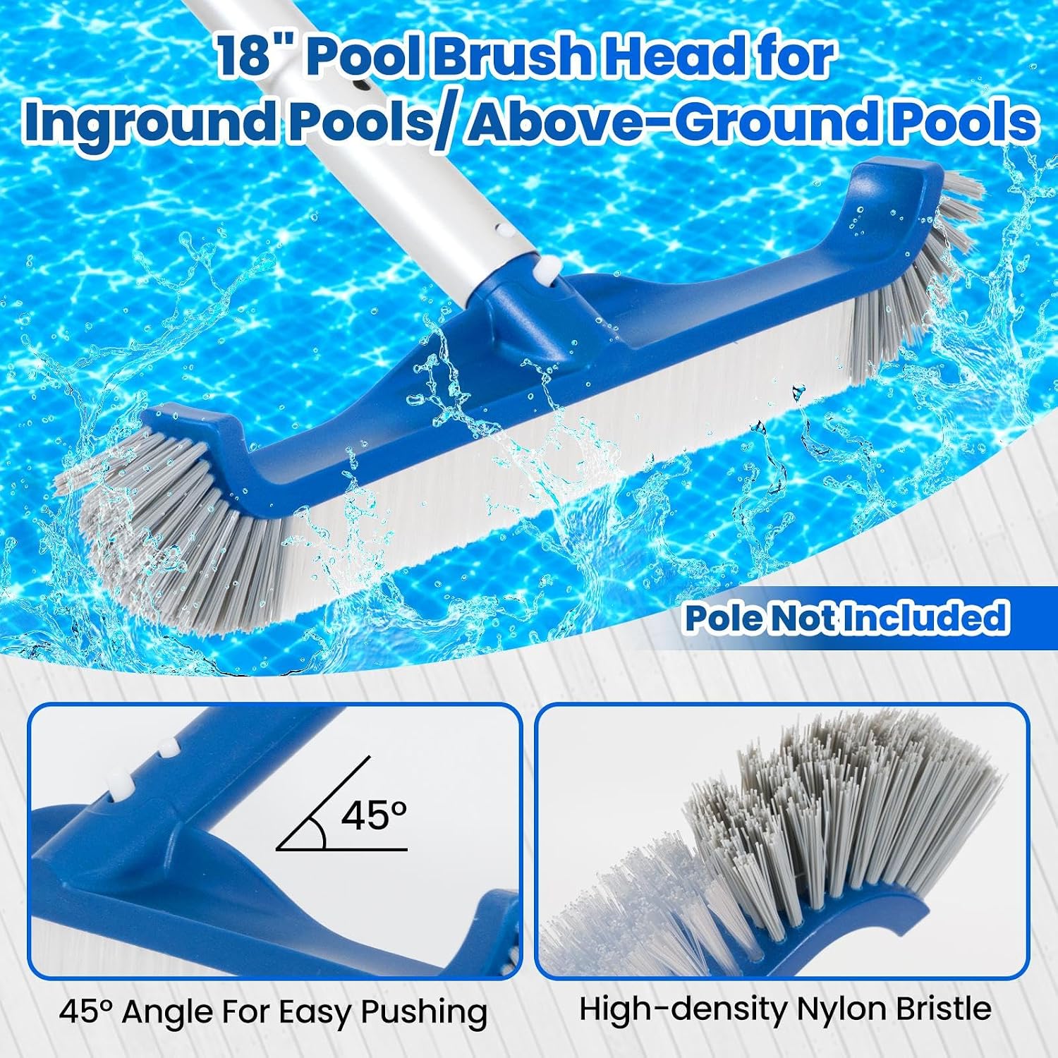POOLAZA Pool Cleaning Kit, 18" Pool Brush, Deep & Semi-Deep Pool Skimmers | 3-in-1 Kit Cleans Pool Surface, Bottom & Walls, Self-Repairing Mesh Net, Reinforced Frame,Large Scoop Edge,Fits Standard Pole