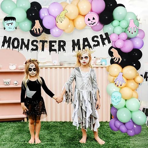 Miniatura 2 de Kit de arco de guirnalda de globos de monstruo de Halloween, globos negros, morados, verdes con globos de papel de aluminio, pancarta de monstruo