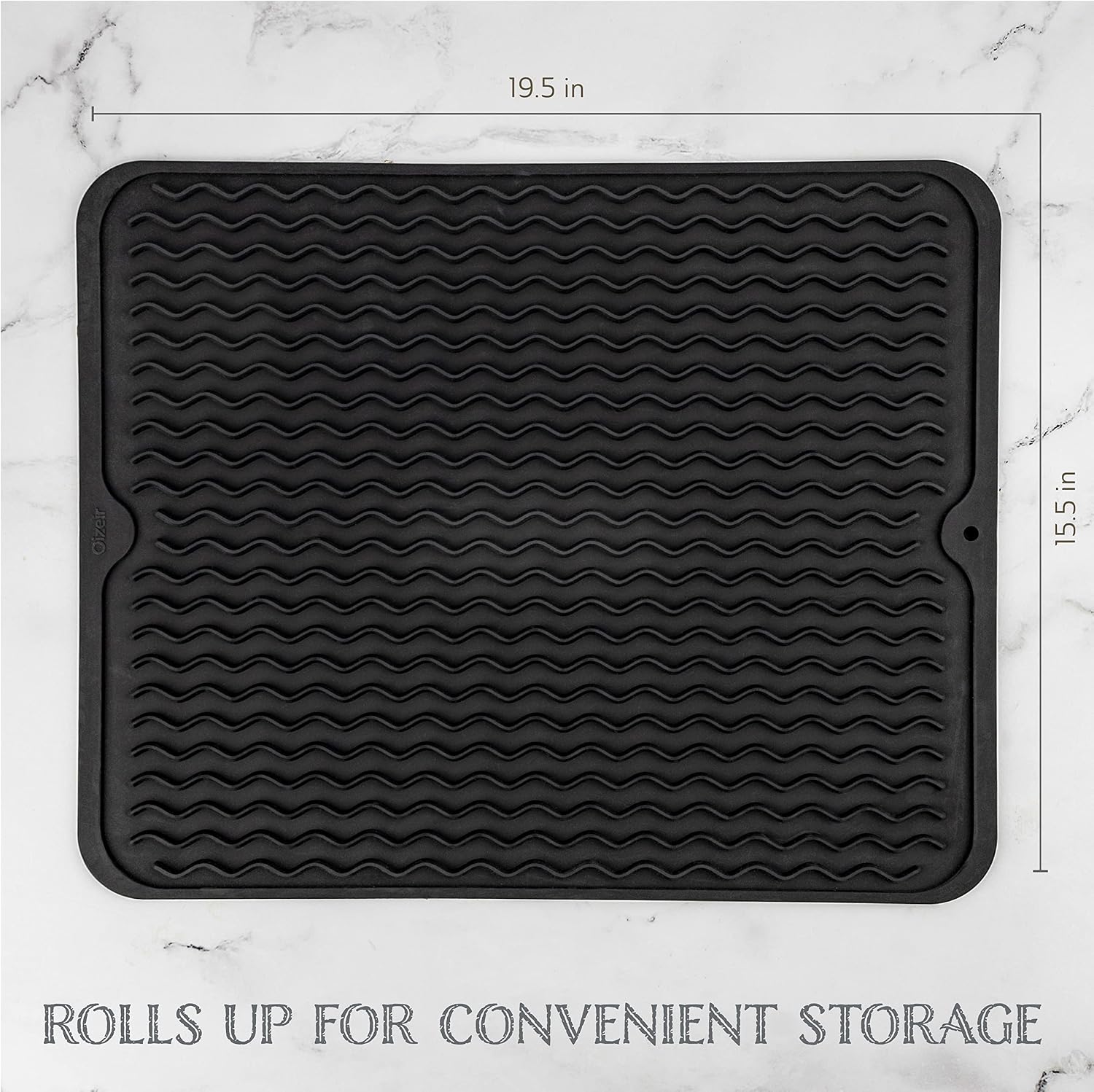 Oizeir Silicone Dish Drying Mat - Drain Hole, Non-Slip, Heat Resistant, Foldable. Great for Dishes, Kitchen Sink, Counter Top, Fridge Drawer Liner or Trivet for Hot Pots. (16" X 20" | Black)