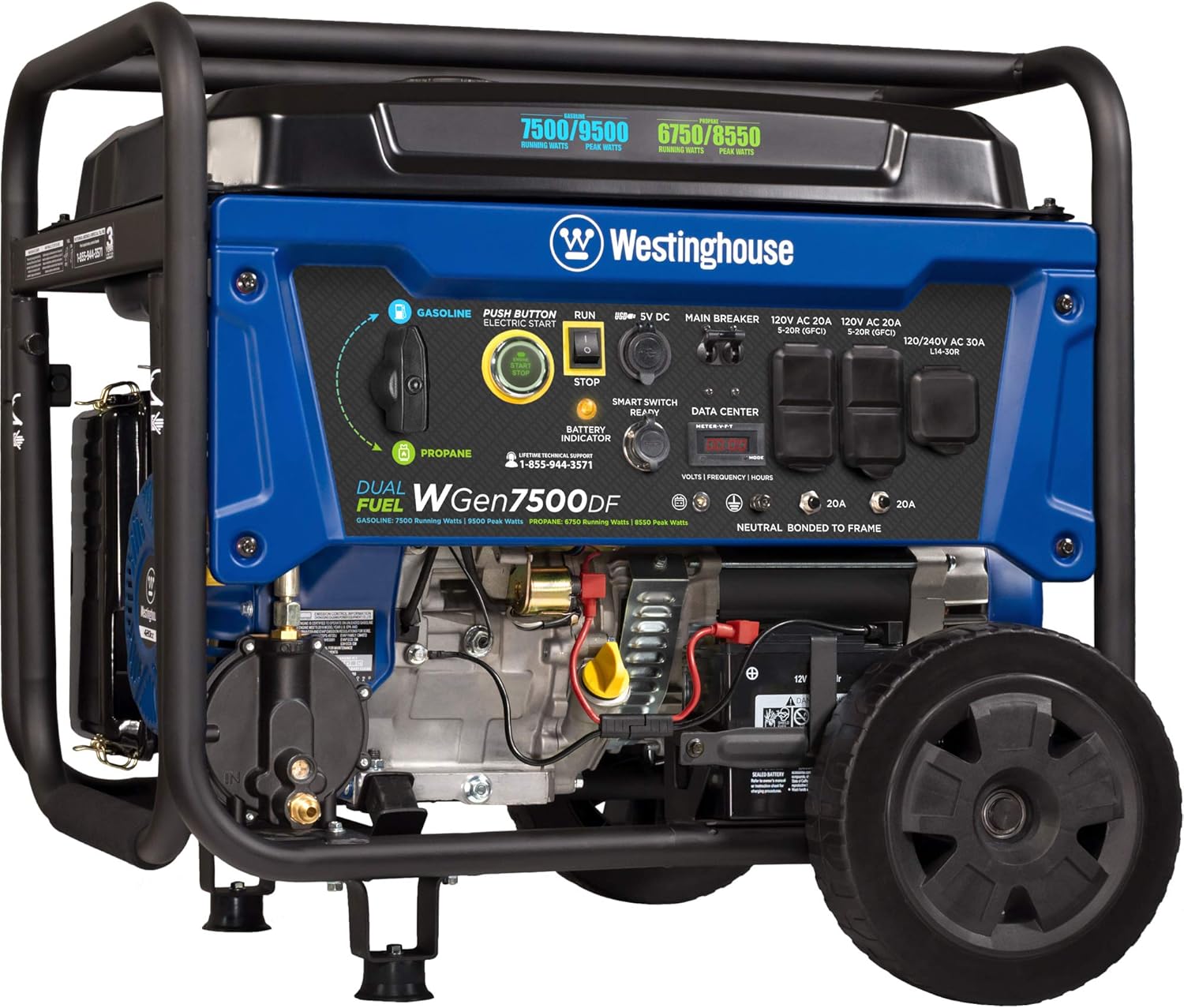 Westinghouse Outdoor Power Equipment WGen7500DF Dual Fuel Portable Generator 7500 Rated & 9500 Peak Watts, Gas or Propane Powered, Electric Start, Transfer Switch Ready, CARB Compliant: Garden & Outdoor