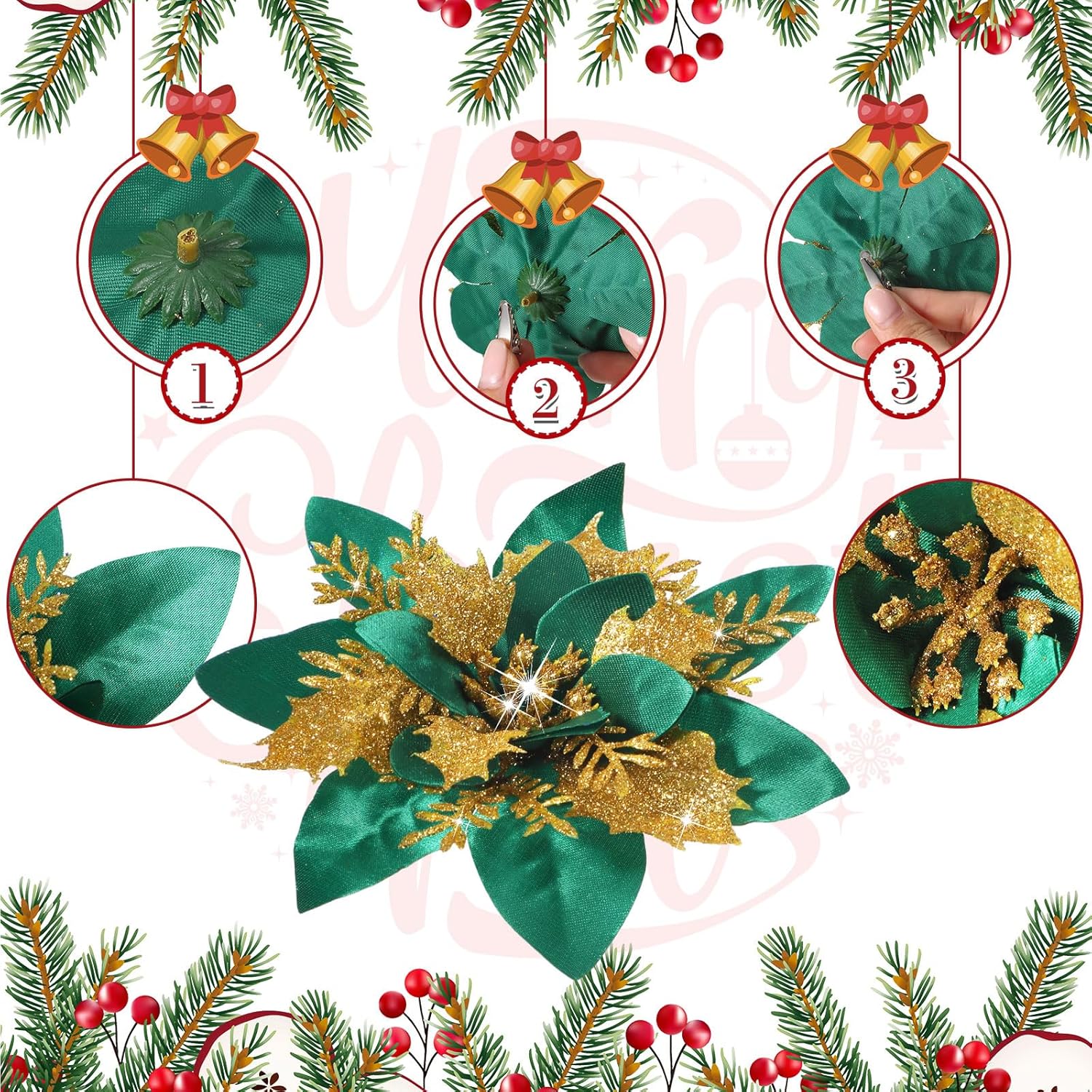 Geosar 24 Christmas Glitter Artificial Poinsettia Flowers Xmas Poinsettia Artificial Wedding Flowers Decorations Xmas Tree Ornaments with Clips for Party Favors, 6 Inch, 4 Inch, 3 Inch (Green, Gold)