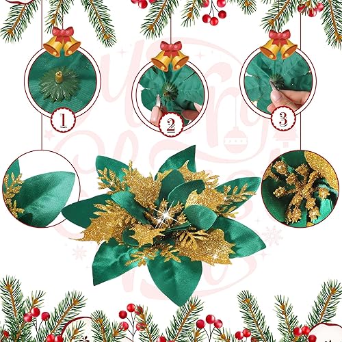 Miniatura 3 de 24 flores de Pascua artificiales con purpurina para Navidad, flores de Pascua artificiales para decoración de árbol de Navidad con clips para