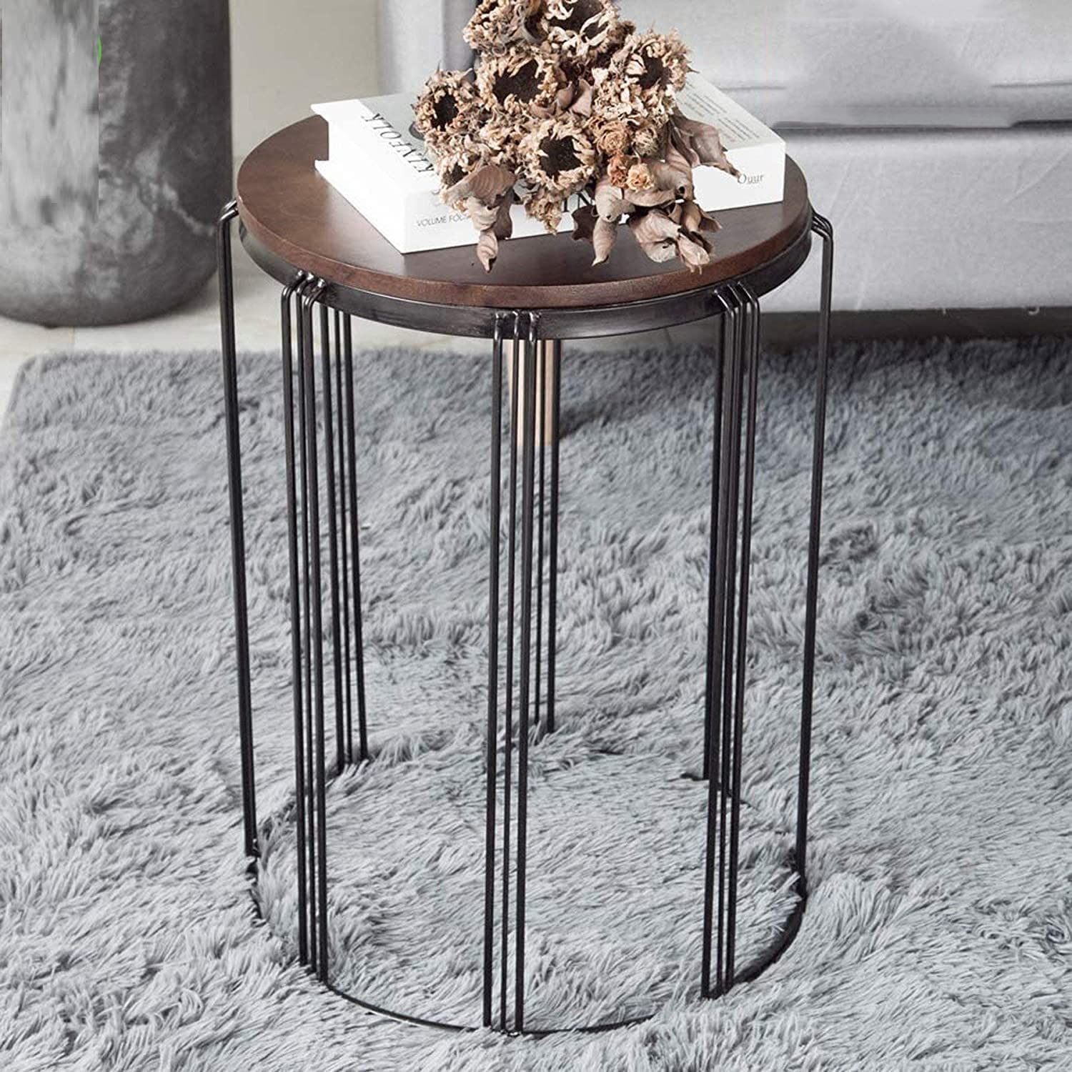 . 45881 Patio Side End Plant Tables Outdoor Set of 3, Round Rustic Metal Wire Frame with Fir Wood Top, Industrial Nesting Stacking Coffee Tables for Living Room Balcony Indoor Home Office 2