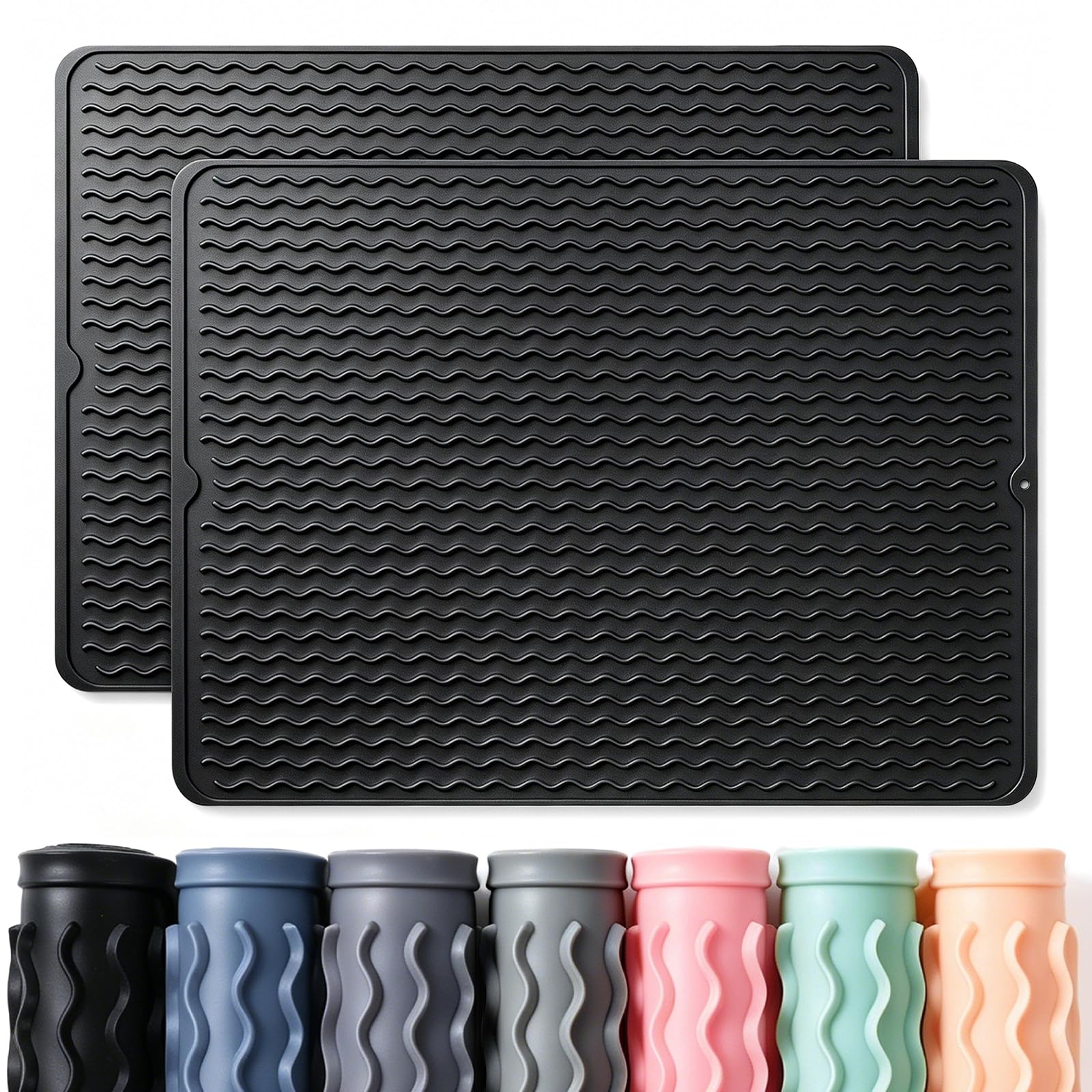 2 Pack Caketime Silicone Dish Drying Mat for Kitchen Counter Under Sink Protector Organizers Cooking Baking Espresso Machine Accessories Appliance Stone Rack Trays Drain Extra Large 24"x18" Black