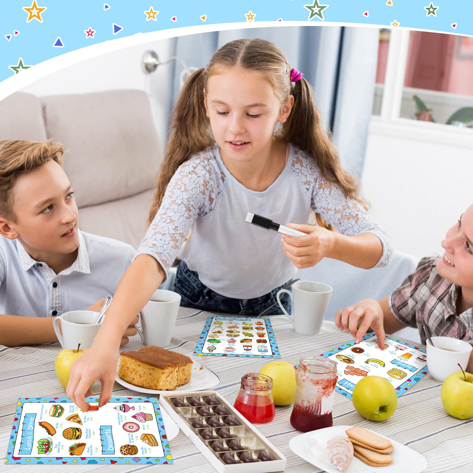 Juego de 6 piezas de juguetes de menús de restaurante para niños, almohadillas de pedidos de comida de cocina, 4 menús de simulación, 1 bloc de notas de servidor de verificación de invitados, 1 4