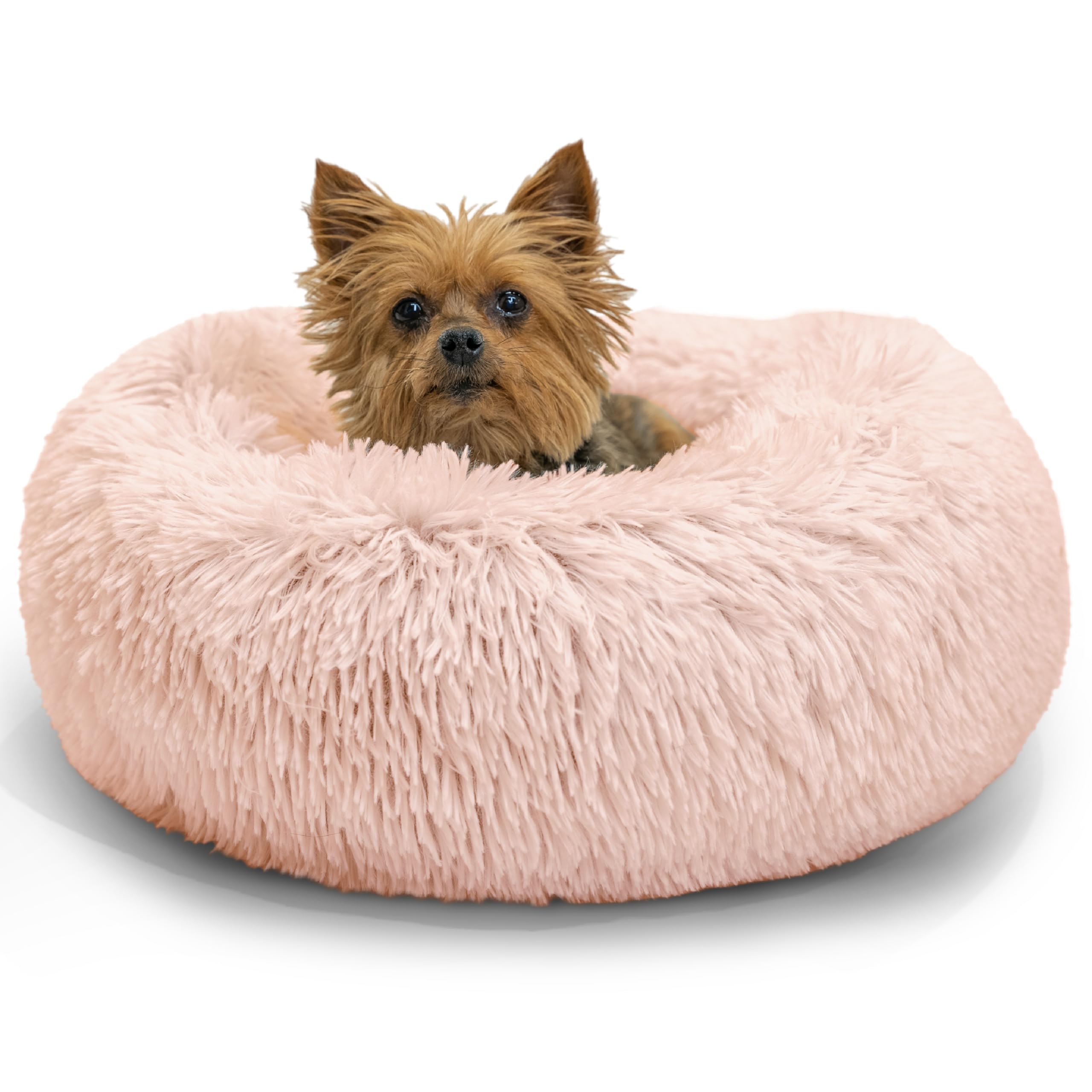 The Original Calming Donut Dog and Cat Bed in Shag Fur, Cotton Candy Pink, Extra Small, 18x18