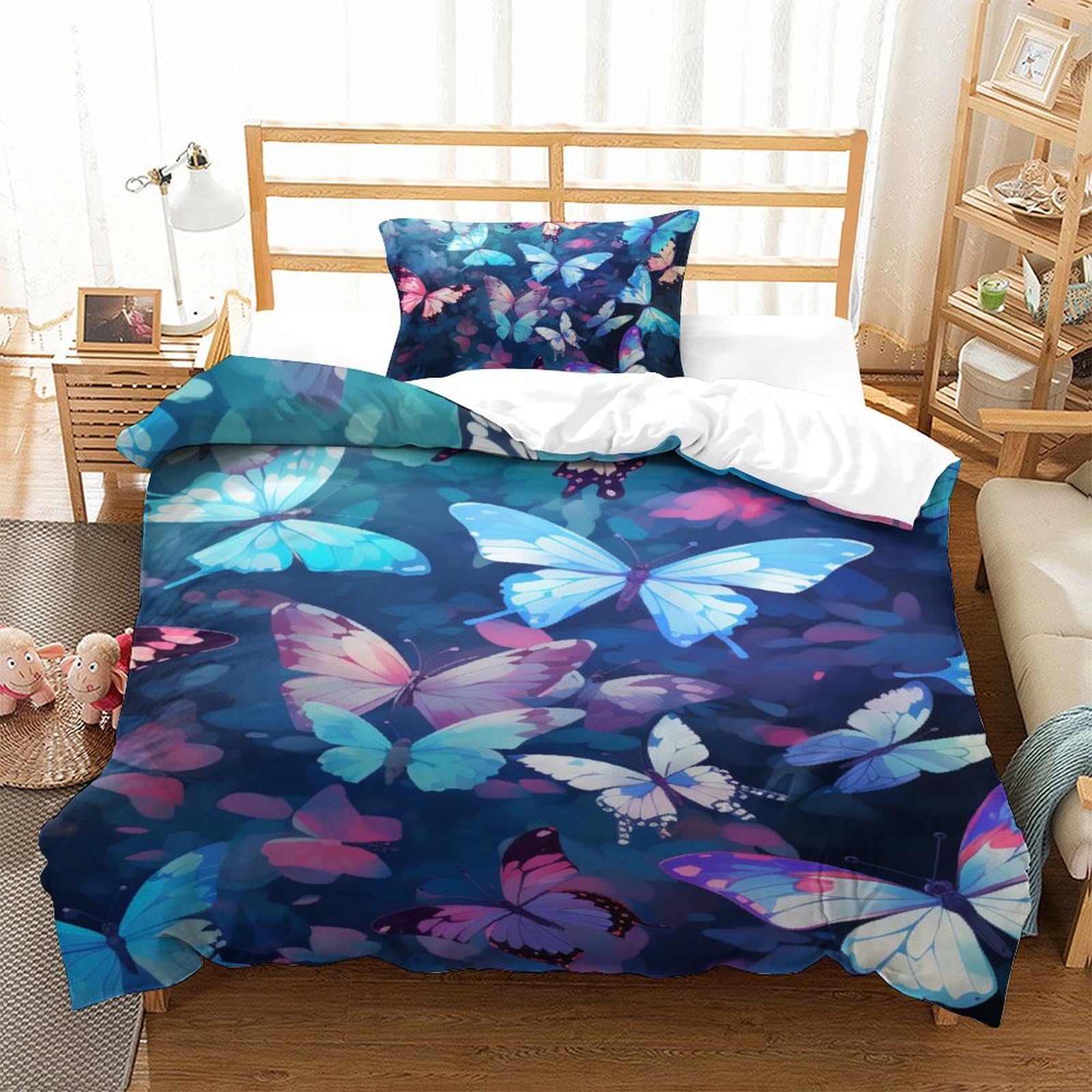 Housse de couette papillons 3D parure de lit 2 pièces microfibre 135x200
