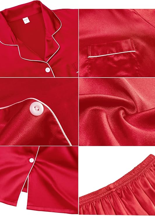 Women Silk Satin Pyjamas Set: 2 Piece Soft Short Sleeve Sleepwear