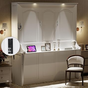 SOFTSEA Queen Size Murphy Bed with Desk, Foldable Wall Bed Cabinet with LED Lights and USB Ports, Space-Saving Murphy Bed Frame with Gas Struts for Guest Room, Office, White