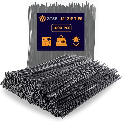 GTSE 12 Inch Black Zip Ties, 1,000 Bulk Pack, 50lb Strength, UV Resistant Long Nylon Cable Ties, Self-Locking 12" Tie Wraps
