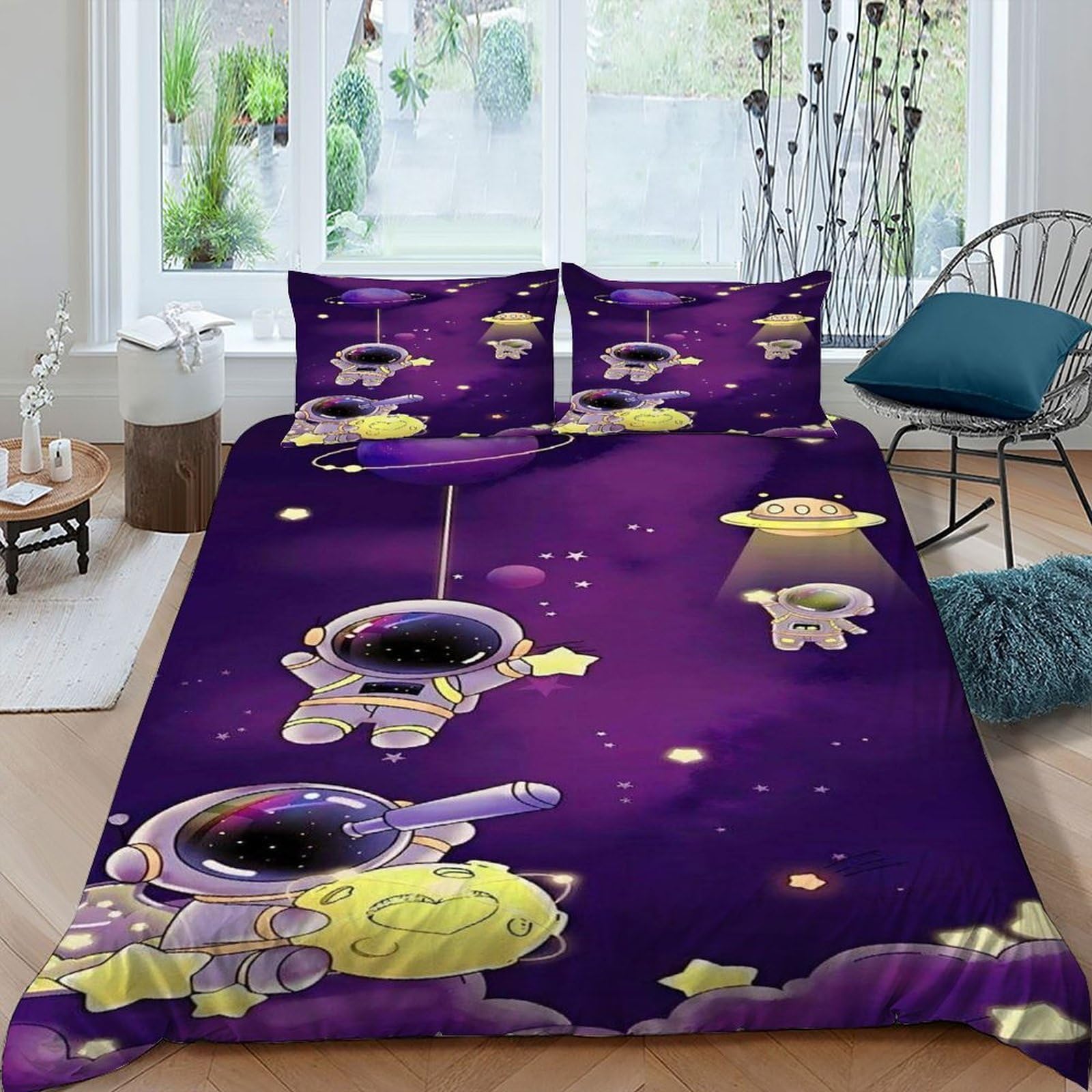 Astronaut Universe Bedding Set Theme Bedspread Starry Sky Theme Duvet Cover Set Microfiber Comforter Cover Universal for All Seasons with Pillow King（220x240cm）