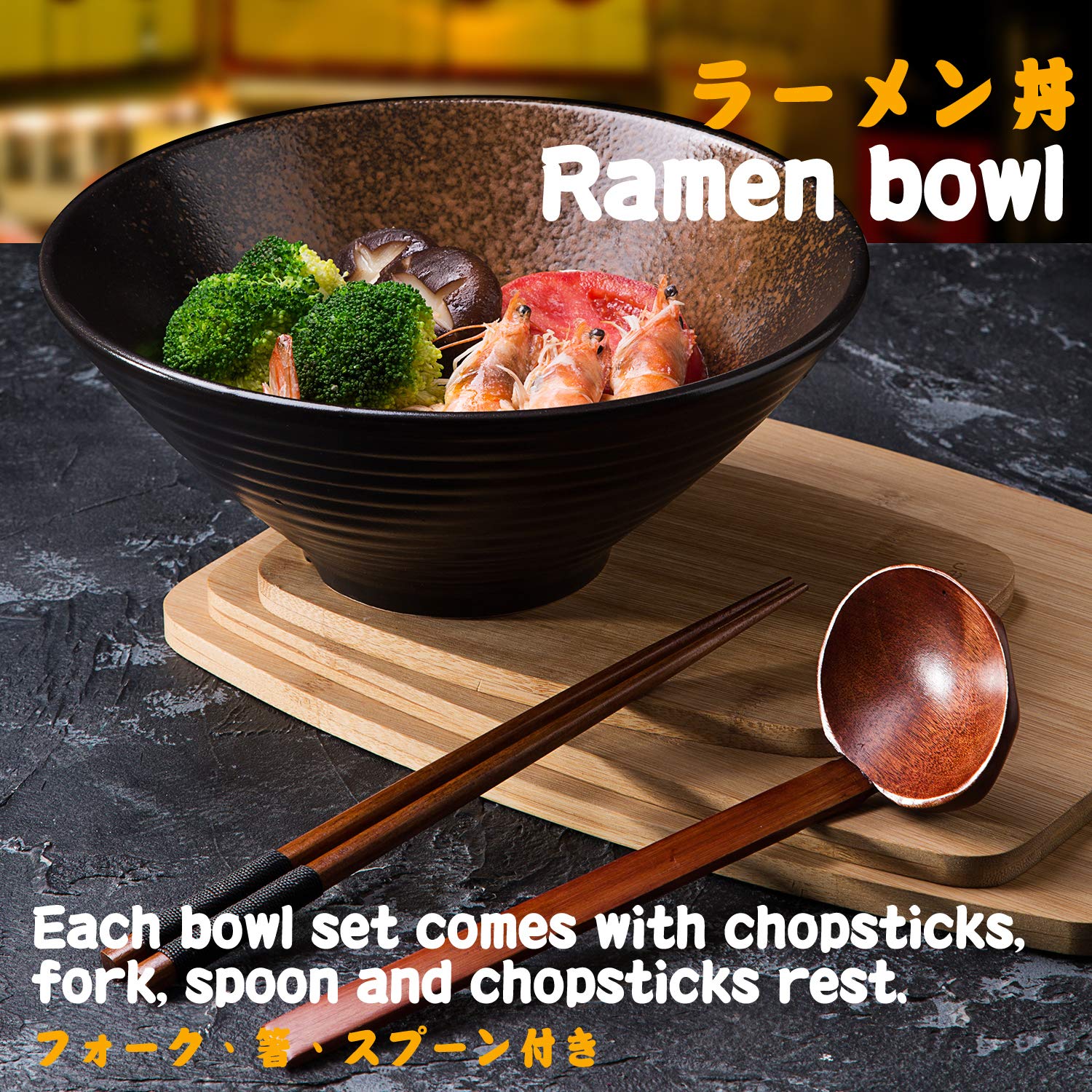 Genérico Juego de 6 tazones Grandes de Porcelana para Sopa Ramen de 2,700 ml con cucharas y Palillos, para Udon, Pasta, pho, soba, Cereales y ensaladas.