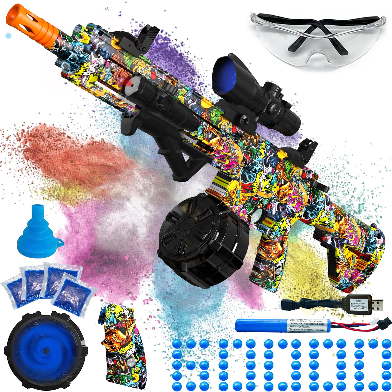Electric Gel Ball Blaster, High Speed Automatic Splatter Ball Blaster with 40008+ and Goggles, JIFTOK Rechargeable Splatter Ball Toys for Outdoor Activities Shooting Game Party Favors - Graffiti