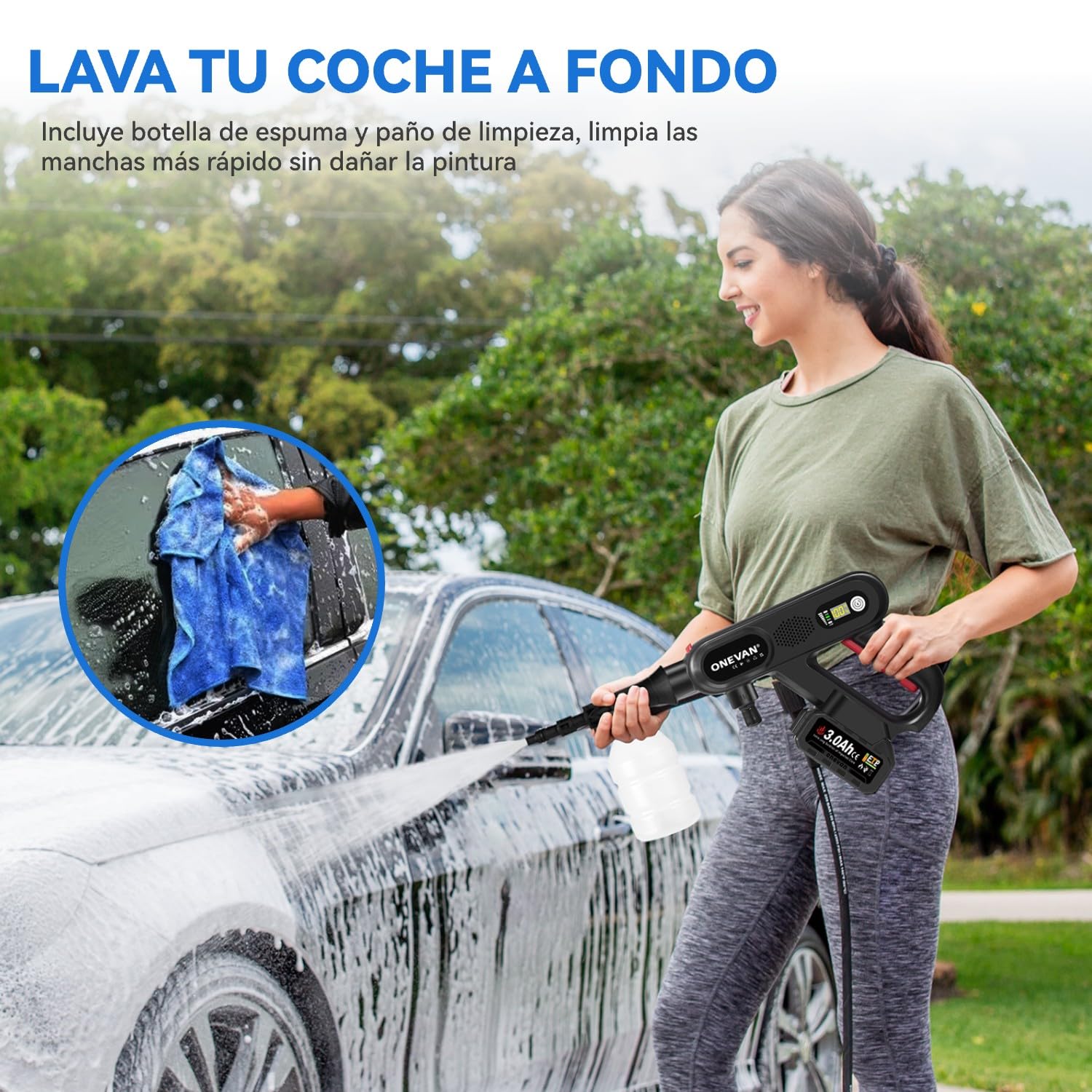 ONEVAN hidrolimpiadora bateria, 80bar, 2 baterías 4,0Ah, Prensa Espiral | Autonomía la batería 60min, Pantalla LCD, 5 en 1 boquilla, 3 etapas, alcance 10m, para lavado coches y limpieza jardines