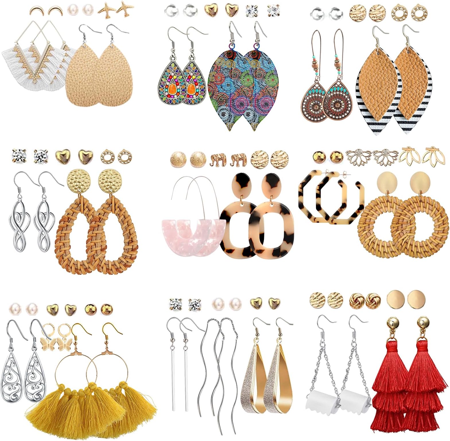 47 Pairs Fashion Earrings for Women Girls, Boho Statement Tassel Rattan Leather Earrings Butterfly Acrylic Hoop Stud Drop Dangle Earrings Set, Hypoallergenic for Sensitive Ears