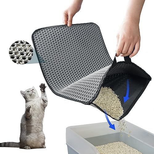 PETKARAY Alfombrilla de arena para gatos, alfombrilla de caja de arena con mango oculto, capa trasera antideslizante mejorada, control de dispersión