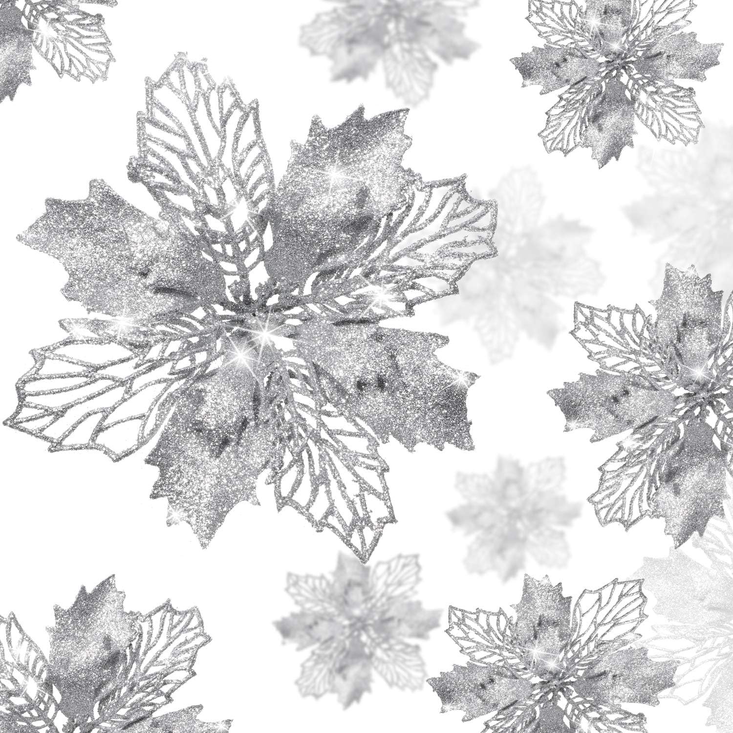 Boao 24 Pieces Christmas Glitter Artificial Poinsettia Flowers Christmas Flowers Decorations Wedding Xmas Tree New Year Ornaments (Silver)