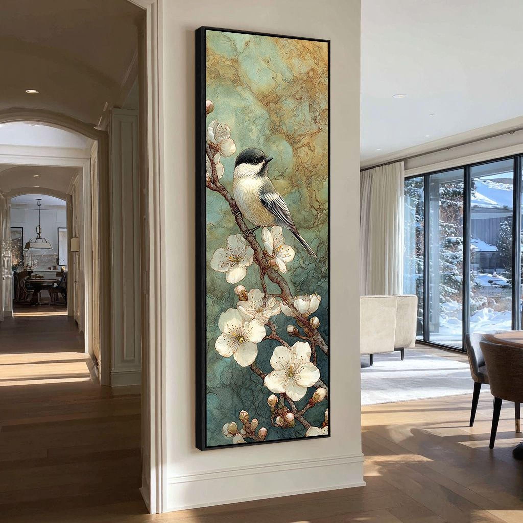 XBTYKPB Quadro lungo e sottile per corridoio - Dipinto di animali alto e stretto - Tela stretta - Quadro verticale di uccelli - Decorazione per la casa (65x195 cm/Cornice interna)