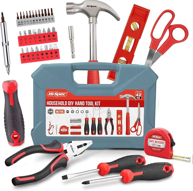 Hi-Spec 42pc Red Household Tool Kit Set. Starters Basic DIY Hand Tools with Screwdriver Set, Pliers, and Hammer for Home, Office & College