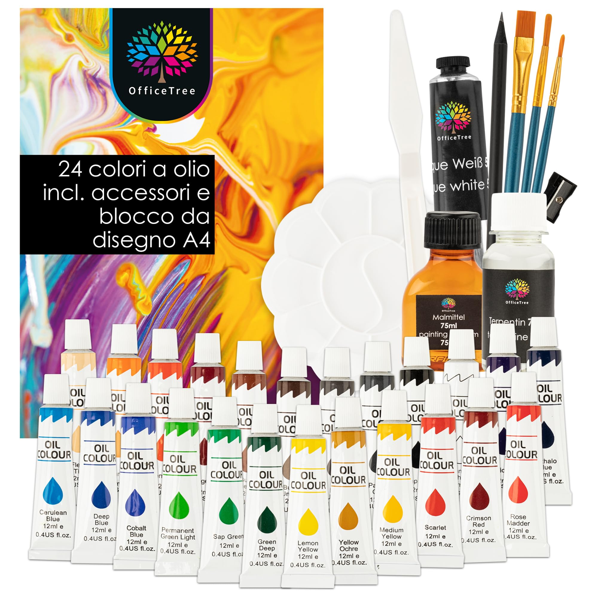 OfficeTree 24x 12 ml Kit pittura olio con pennello e tavolozza - Kit per la pittura con accessori - Colori ad olio per pittura su tela con trementina, fissante e blocco per pittura - Set dipingere