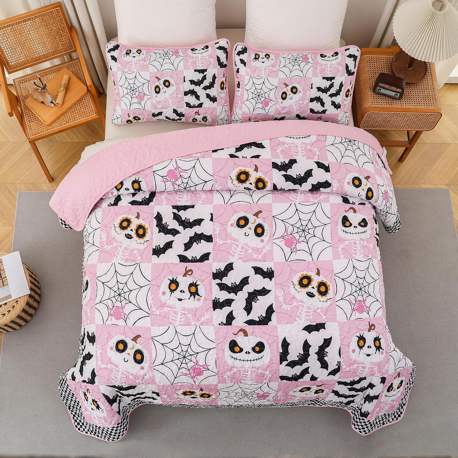 Menghomeus Halloween Quilt Full/Queen Size, 3Pcs Pink Patchwork Bedspread image 3