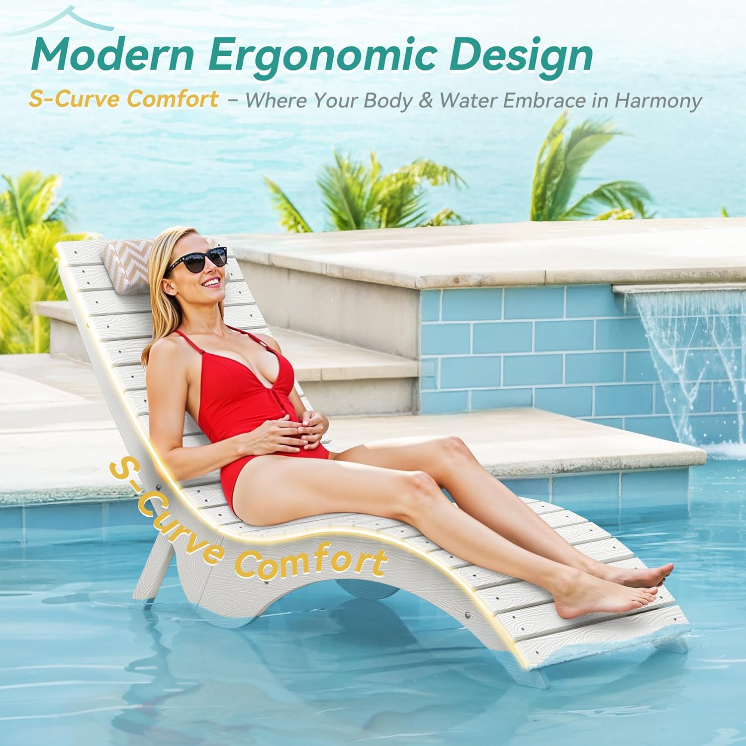 Pool Lounge Chairs Set of 2 - Anti-Floating HDPS Design for Pools & Backyard Sun Decks, Weighted Pool Chairs and Lounges for Poolside or Outside, Includes Headrest, White