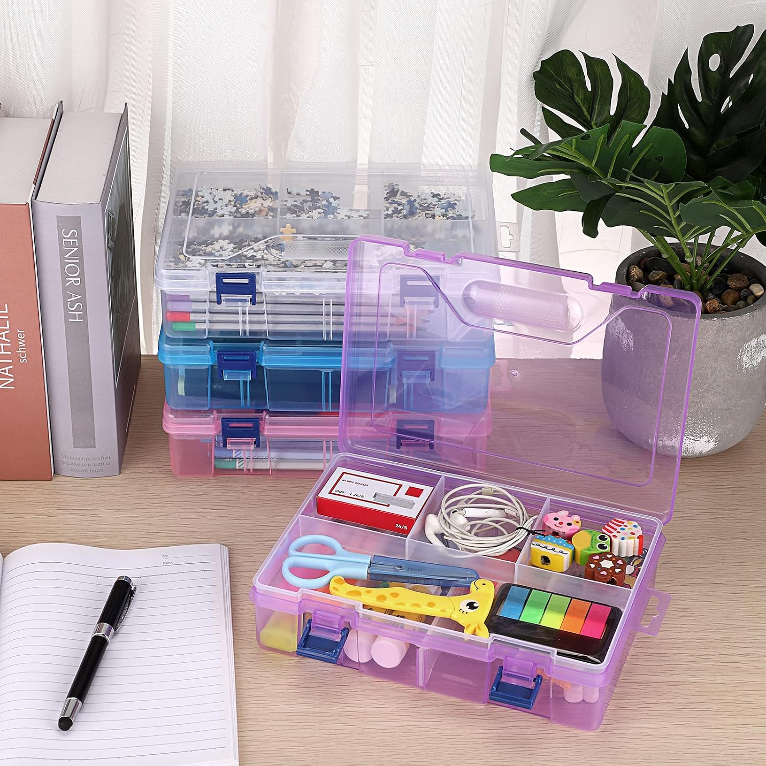 BTSKY Large Capacity Pencil Box, Adjustable Double Deck Office Supplies Storage Organizer Case, Assorted Color Brush Painting Pencils Storage Box Watercolor Pen Container Drawing Tool 4 Pack