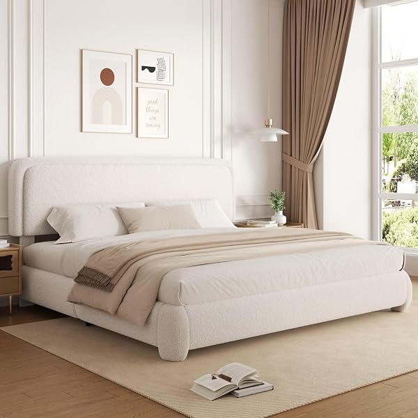 viplov Platform Bed Frame with Headboard, Boucle Upholstered Desige, Anti-Collision Corners, Soft Rounded Corners, No Bo