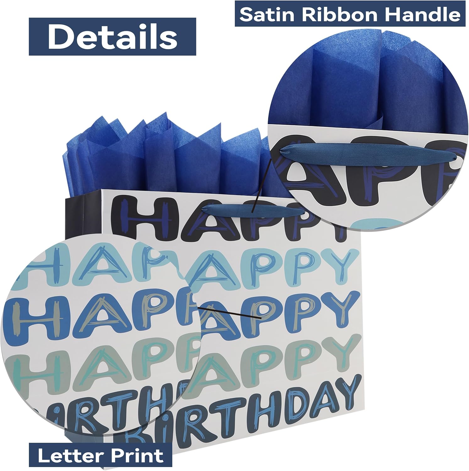 Qirrmiy 23 x 17 Inch Extra Large Blue Happy Birthday Gift Bag Set with Handles, Greeting Card, Tissue Papers and Stickers, Oversized XXL Big Gift Bag for Men Boys Kids Teens, Words Design, 1 Pcs - Image 4