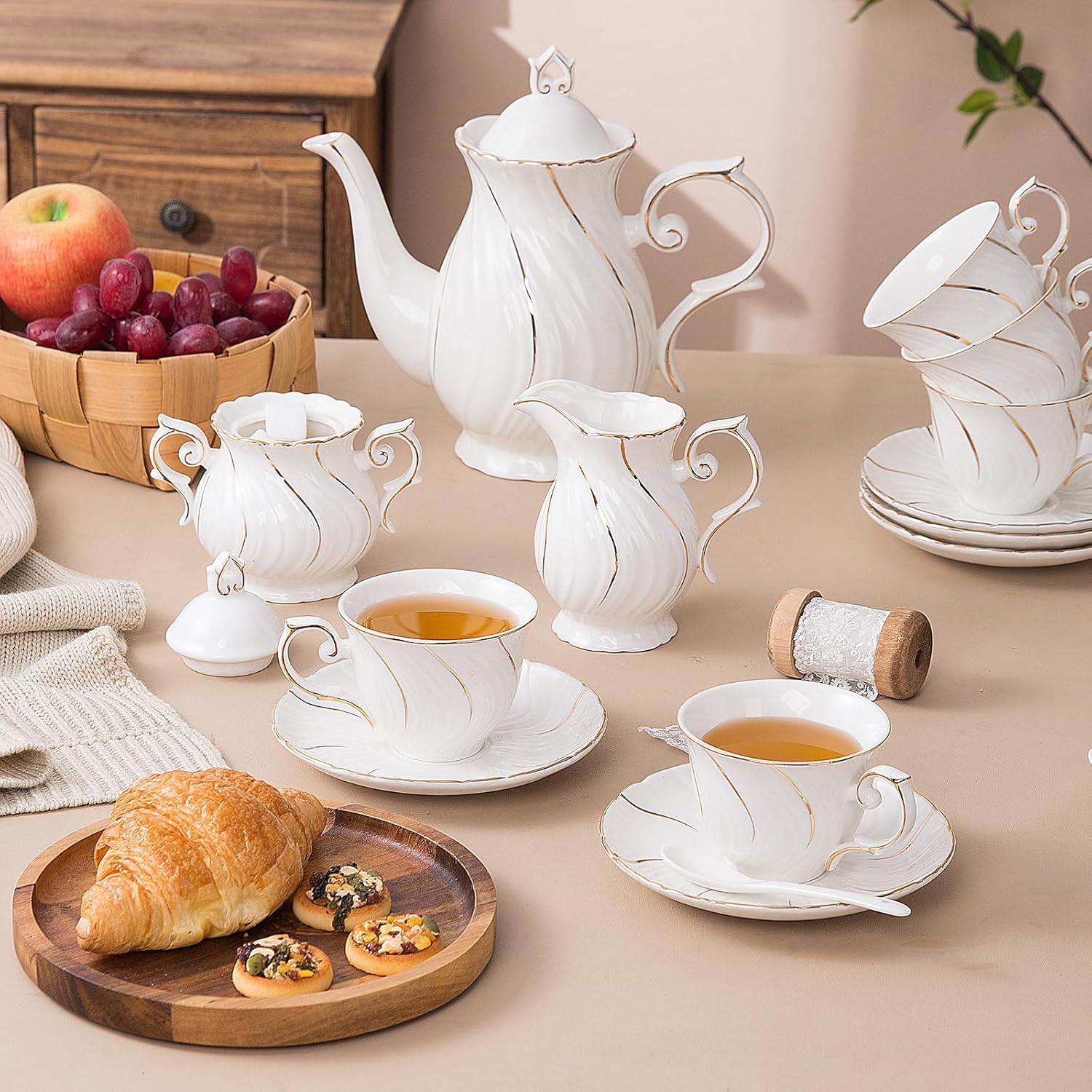 Tea Set 21-Piece Porcelain tea cups and saucers set of 6 with Sugar and Creamer Set & Teapot,teapot set for Adults, Women Tea Party,White