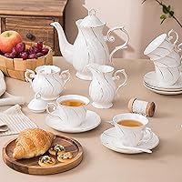 Vista 3 de Juego de té de porcelana de 21 piezas con juego de 6 tazas de té y platillos con azúcar y crema y tetera, juego de tetera para adultos, fiesta de té