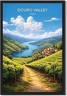 Douro Valley Portugal Landscape Canvas Wall Art Vintage Vineyard River View Painting Print for Living Room Bedroom Home Decoration Wall Decor (Black Framed,12”LX16 W)