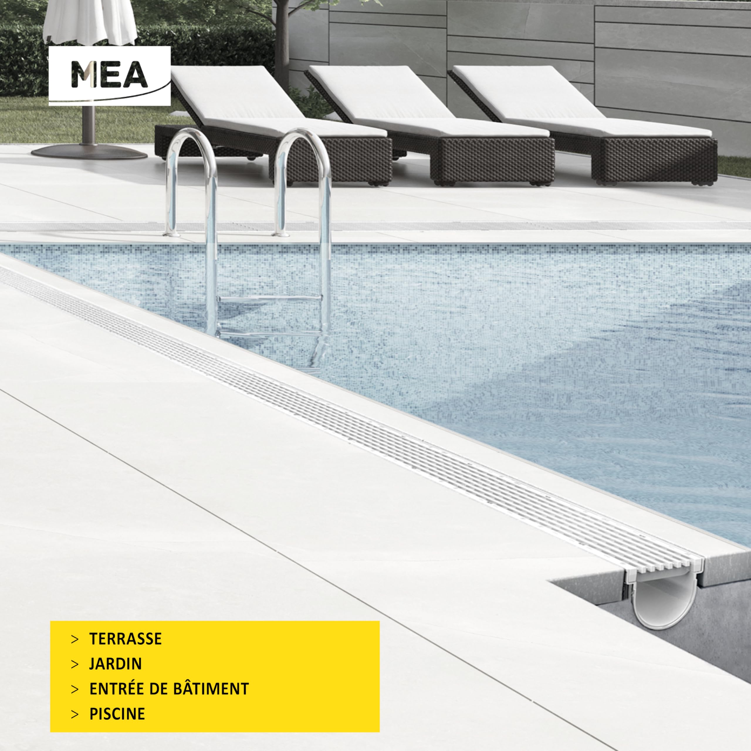 MEA Pack de 6 Caniveaux Extérieurs DECOLINE – Grille en Plastique Recyclé Gris – Drainage Terrasse, Piscine, Jardin – Classe A15 Piéton – Largeur utile 10 cm
