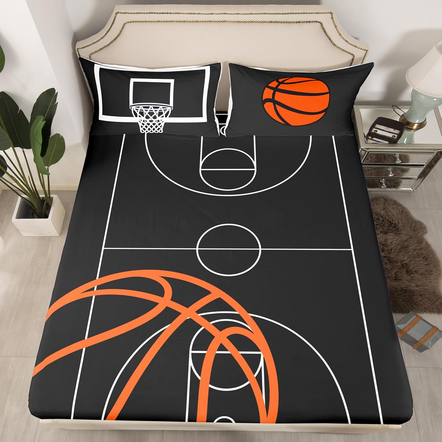 Kids Basketball Court Print Bed Sheet Set Queen Size,Ball Sports Games Themed Quality Brushed Polyester Luxury Bedding Set,Orange Basketball and Hoop Bedding (1 Fitted,1 Flat,2 Pillows),Soft Fabric