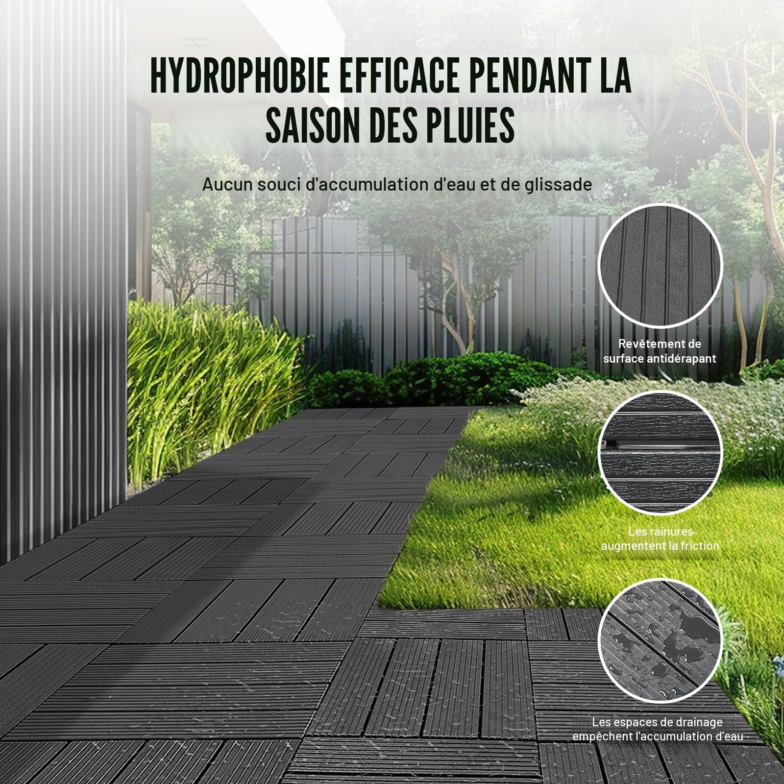 VEVOR Dalles de Terrasse Emboîtables, Lot de 36, Revêtement de Sol Plastique Imperméable, 300 x 300 mm, 33444 c㎡, Utilisation par Tous les Temps, pour Porche, Piscine, Balcon, Arrière-cour, Gris Foncé