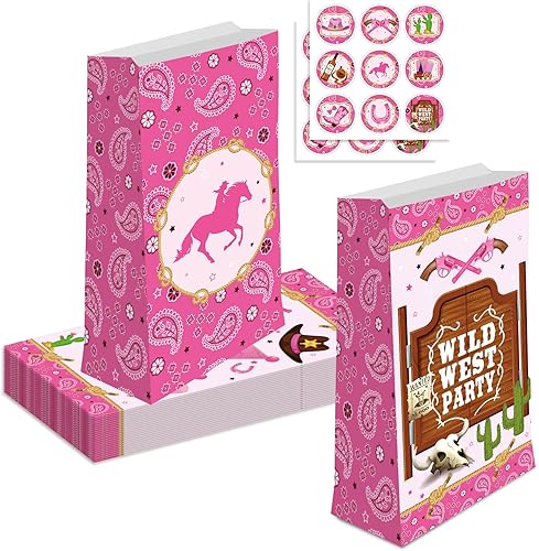Miniatura 8 de NA - 12 bolsas de regalo para fiesta de vaquera, bolsas de regalo de vaquera occidental con calcomanías para fiesta temática de vaquera occidental,