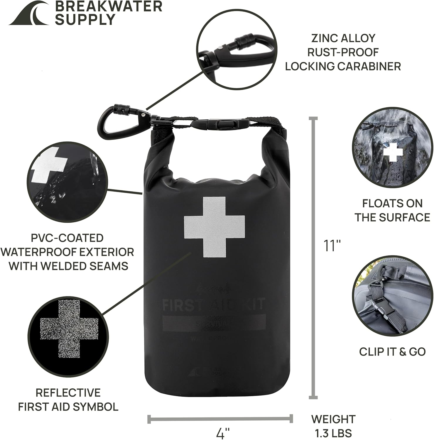Breakwater Supply™ Waterproof First Aid Kit Dry Bag Bug Out Bag Preloaded with Emergency Survival Prepper Supplies for Boating, Camping, Fishing + Carabiner, Floating, Reflective, AFAK/IFAK Trauma Kit
