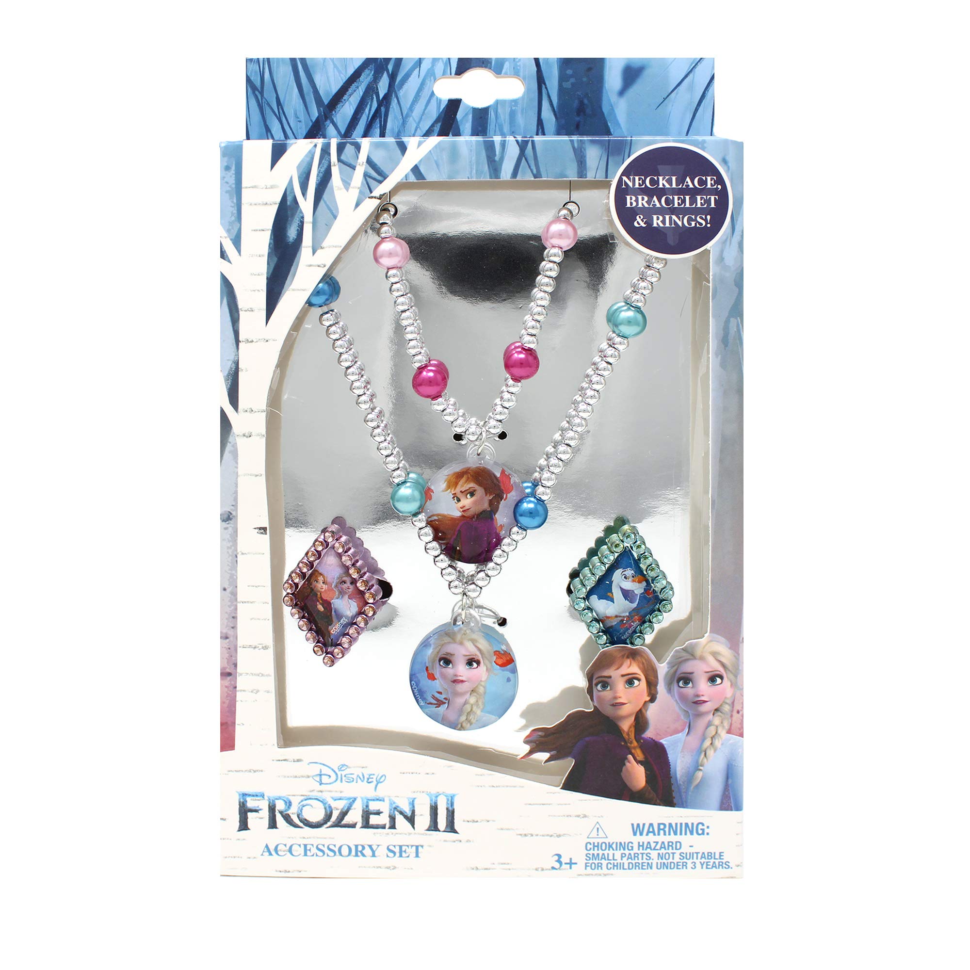 LUV HERFrozen 2 Girls 4 Piece Costume Toy Jewelry Box Set with Silver Rings, Bead Bracelet and Necklace