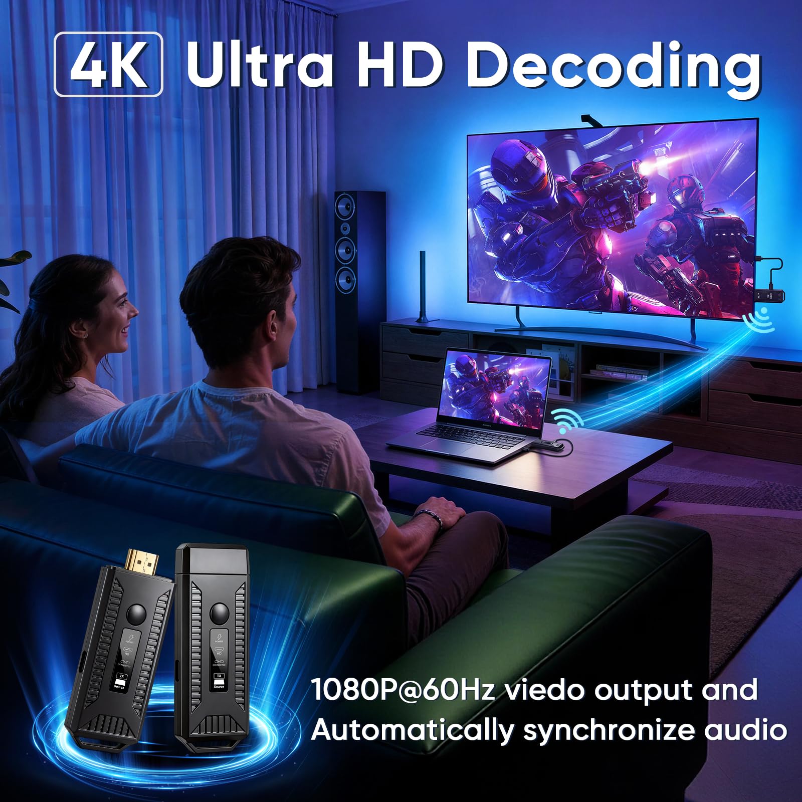 Bezprzewodowy nadajnik i odbiornik HDMI, przedłużacz HDMI 5.8G+2.4G z wyświetlaczem LED, wtyczką i odtwarzaniem, zasięgiem 60m, wyjściem 1080p dla laptopa, komputera, smartfona, aparatu, TV Box na