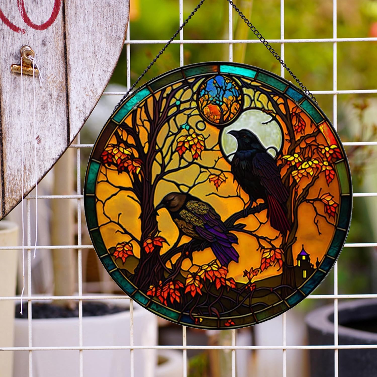 Crow Pattern Suncatcher Stained Glass,Hanging Stained Glass for Windows for Bird Lovers,20cm/7.87inch Sun Catcher Garden Hangings Ornaments Halloween Fall Christmas Decor for Home - Image 7