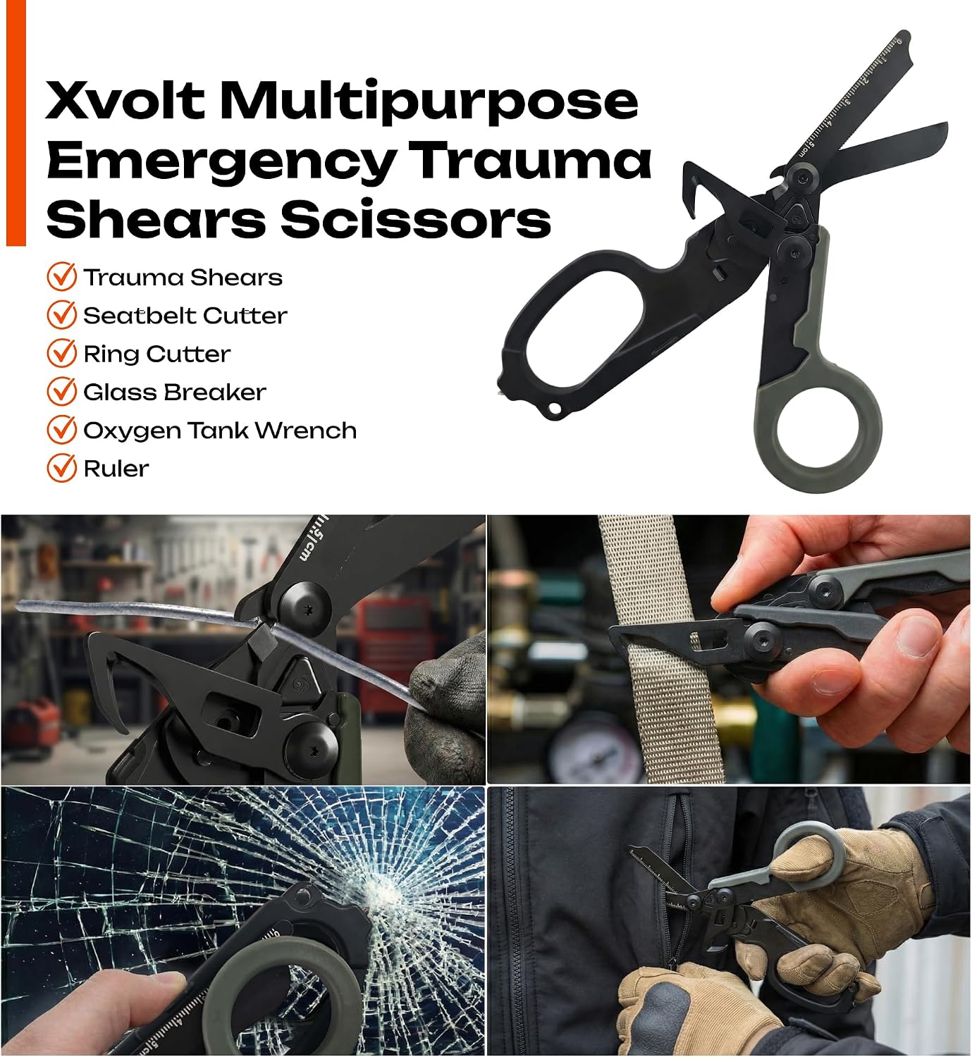 Trauma Shears Foldable Tactical Scissors, 6-in-1 Emergency Tool | 420HC Stainless Steel, Cuts Clothing, Bandages, Rope & Seatbelts, Includes Holster, For Medical, Rescue & Outdoor Use