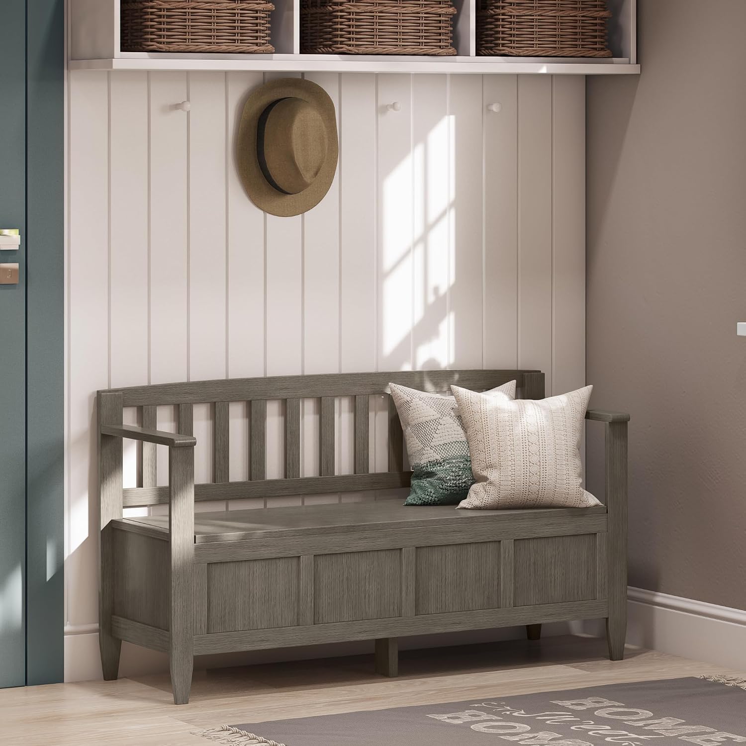 SIMPLIHOME Brooklyn Entryway Storage Bench - 48 inch Wide Solid Wood Hallway Bench in Farmhouse Grey, Contemporary Mudroom Bench for Entry or Foyer with Lift-Up Lid and Spacious Hidden Storage