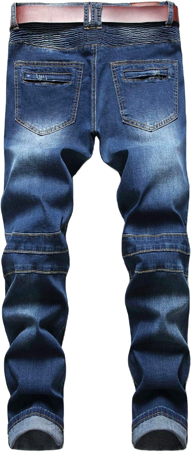 AITITIA Men's Biker Zipper Deco Washed Straight Fit Jeans 28 Blue
