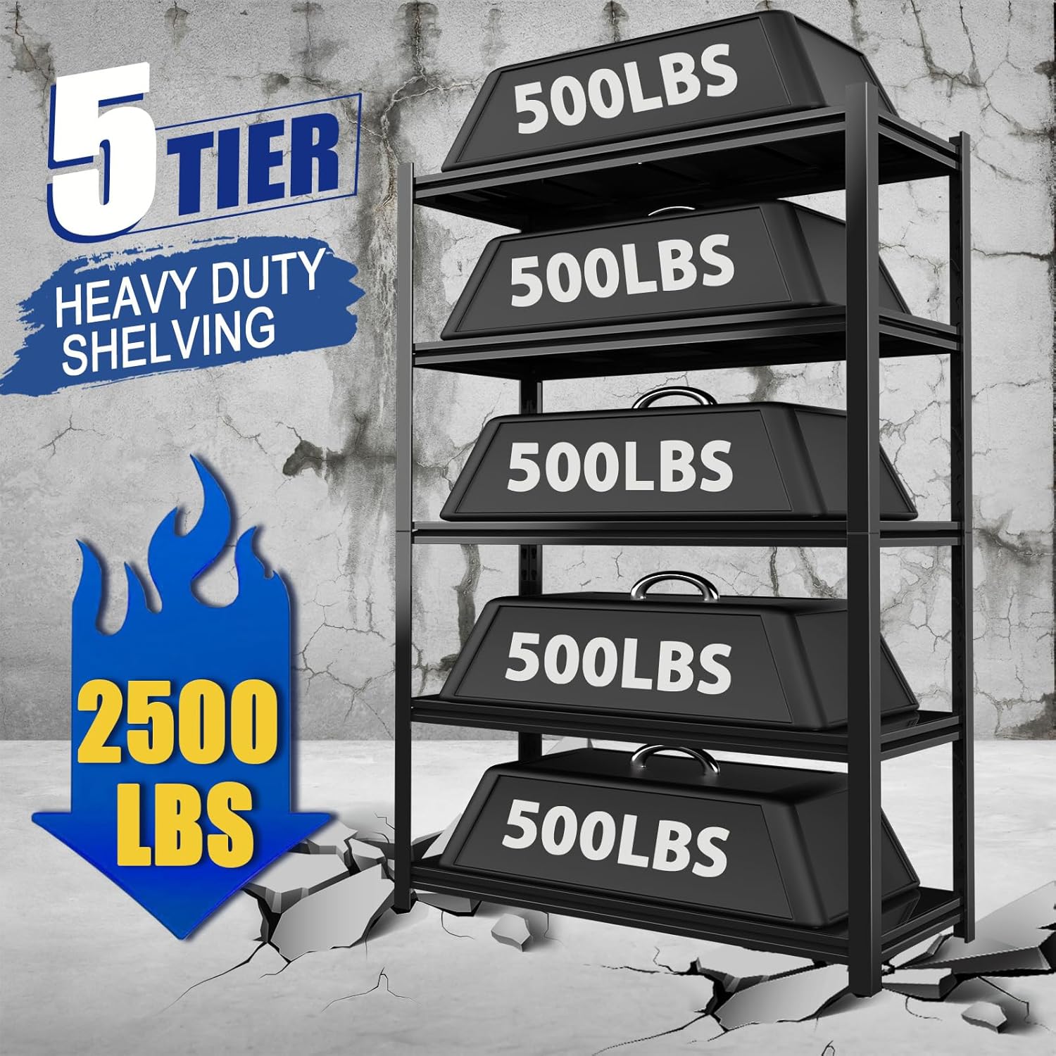 2500LBS Garage Shelving Units and Storage, Heavy Duty Shelf Rack, 5 Tier Shelves for Garage Storage, Metal Adjustable Shelf for Basement（1, 16" D x 35.5" W x 72.2" H - Image 3