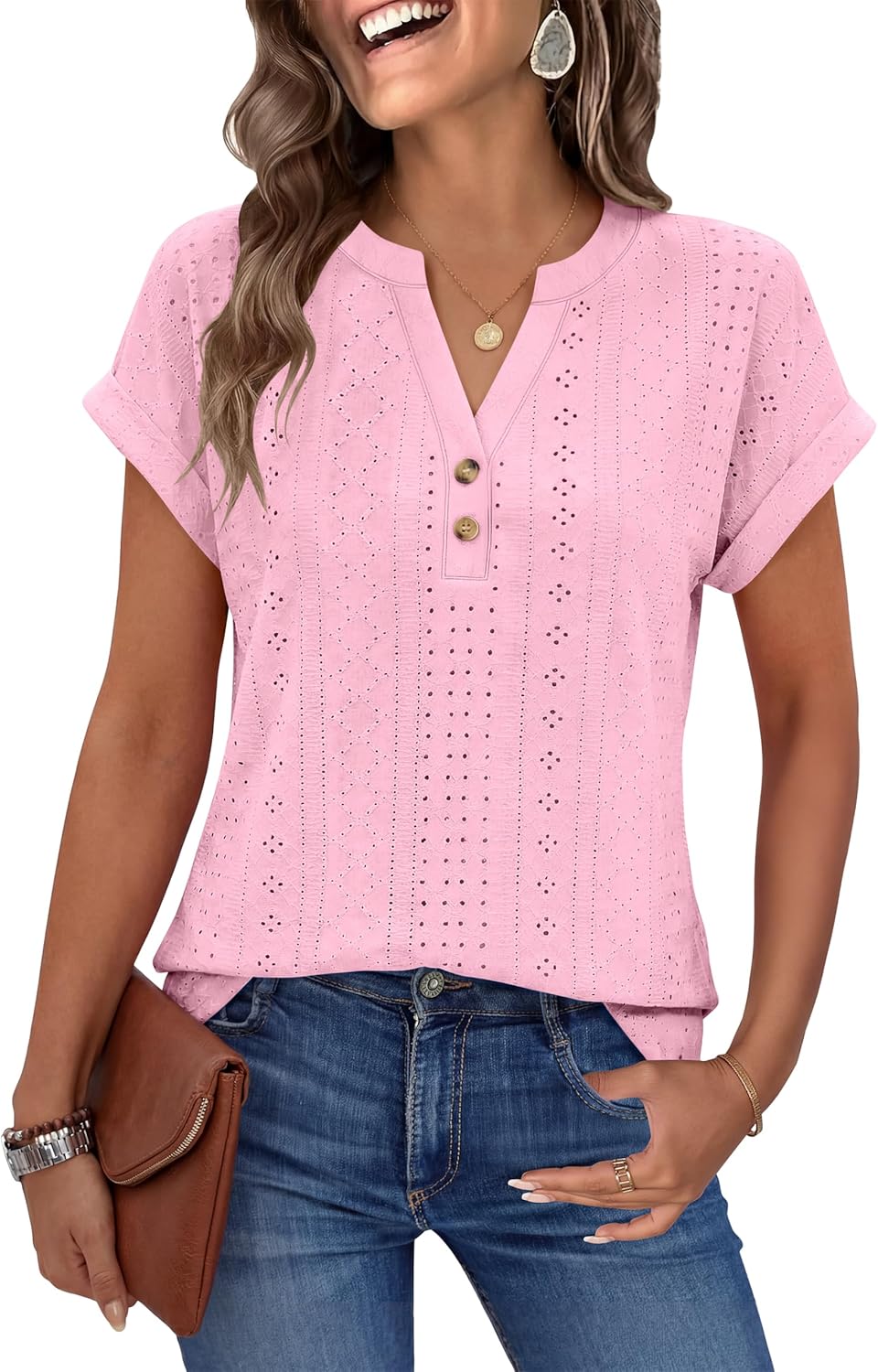 ANRABESS Women Tops Short Sleeve V Neck Eyelet Shirts Dressy Casual Blouses 2026 Summer Tee T-Shirts Vacation Outfits