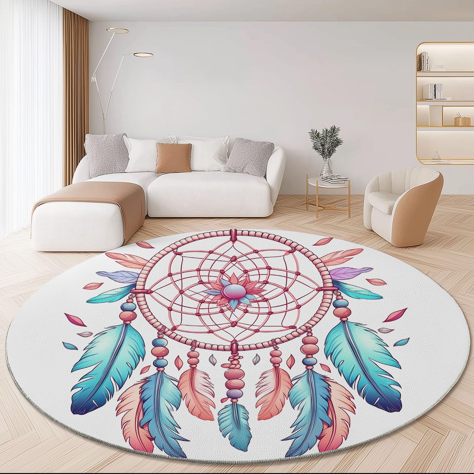 Rosa Cyan Rund Teppich Wohnzimmer, Aquarell Traumfänger Federn, 120 cm Großer Weich Kurzflor Teppich Waschbarer rutschfest Teppiche für Esszimmer Küchen Schlafzimmer Studie Heimbüro
