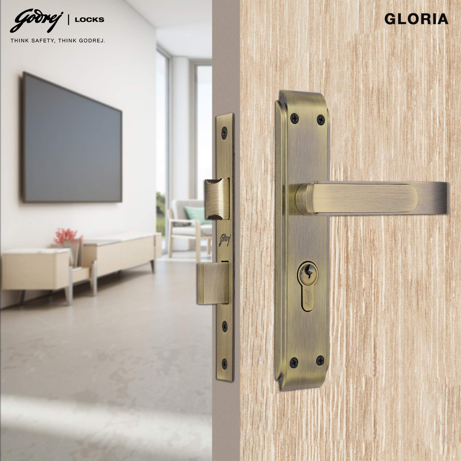 Godrej Locking Solutions and Systems Gloria Antique Brass Door Handle with Lock Set 2C for Home and Office Entrance Door (200 mm, Gold)
